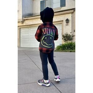 NIRVANA 80s 90s Rock Retro Vintage Upcycled Plaid Flannel Kids Hoodie Shirt 4T